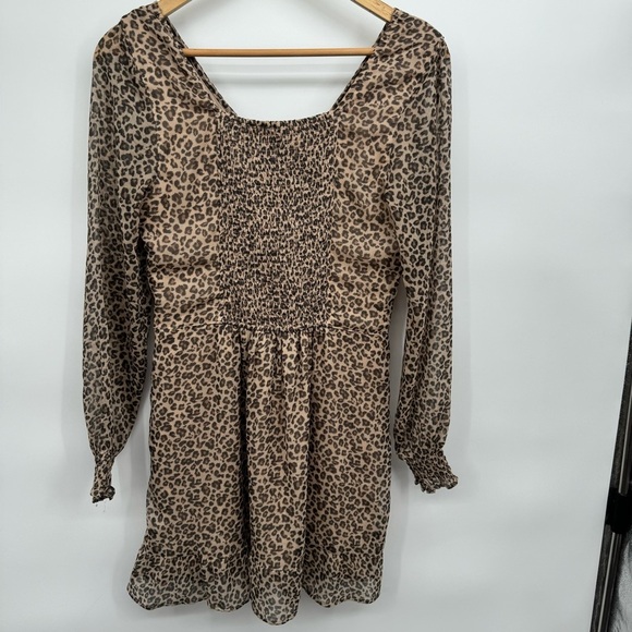 Abercrombie & Fitch Long Sleeve Ruffle Hem Mini Dress Leopard Print Smocked - Picture 2 of 12